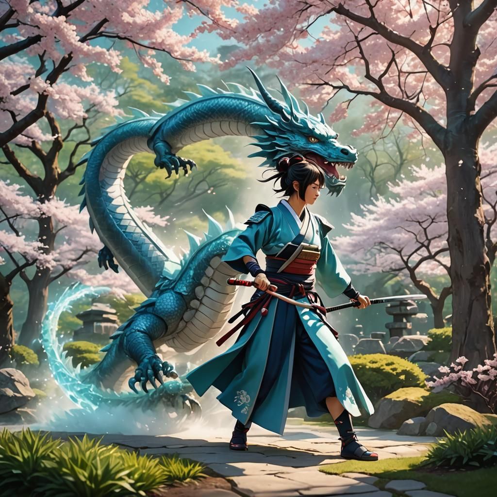 Anime Samurai vs Dragon in Cherry Blossom Garden