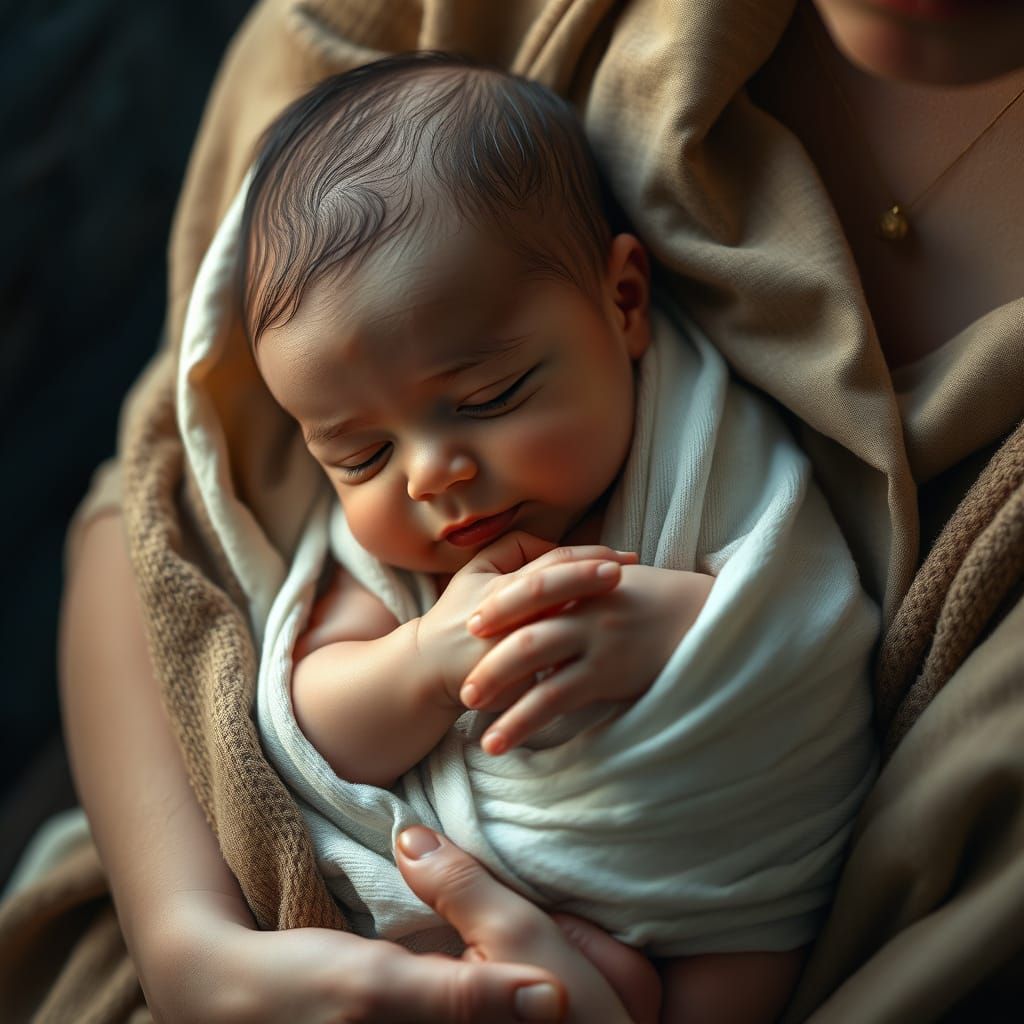 Serene Mother and Newborn in Muted, Earthy Tones