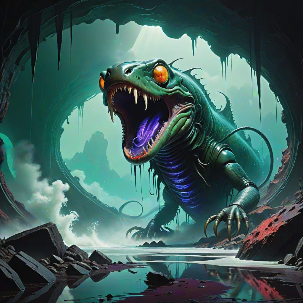 Ethereal Vampire Lamprey Emerges from Bioluminescent Cavern