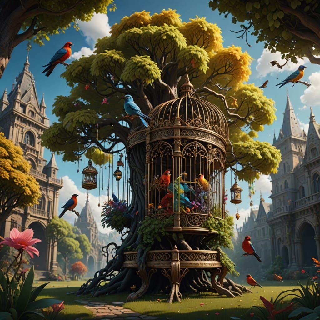 Colossal Tree in Ornate Birdcage: Detailed Matte Painting