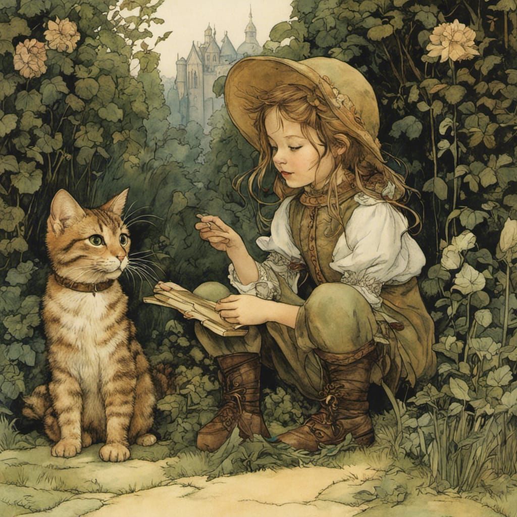 Girl and Cat in Garden, Whimsical Illustration