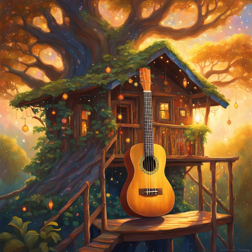 Cosmic Ukulele Oil Painting in High Fantasy Style