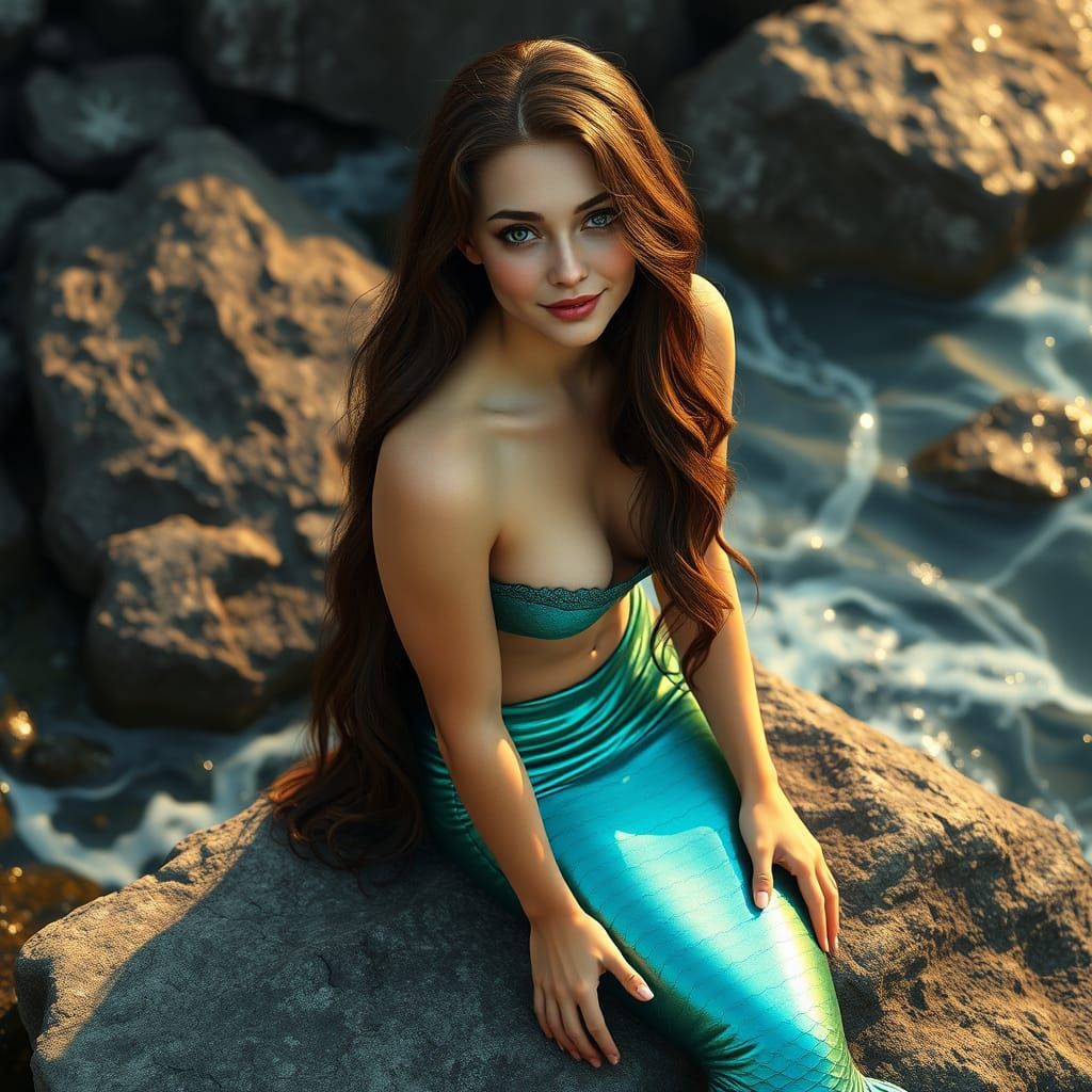 European Mermaid Seated on Ocean Rock