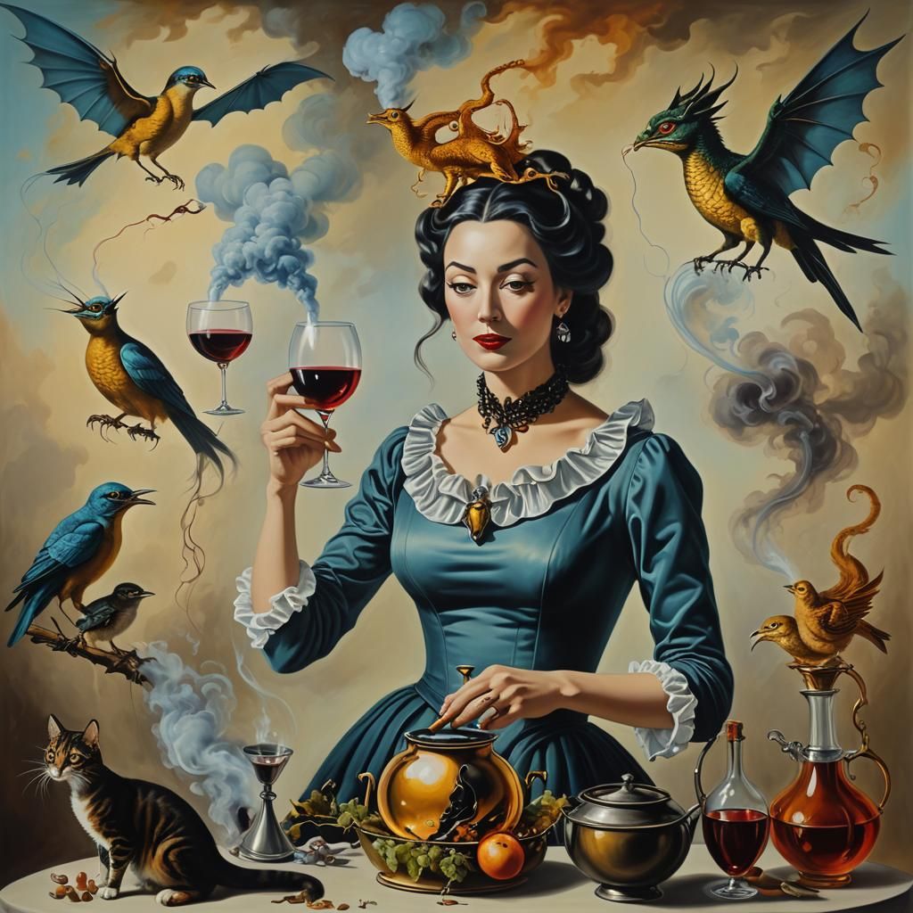 Surreal Scene with Dragons and Salvador Dali Elements