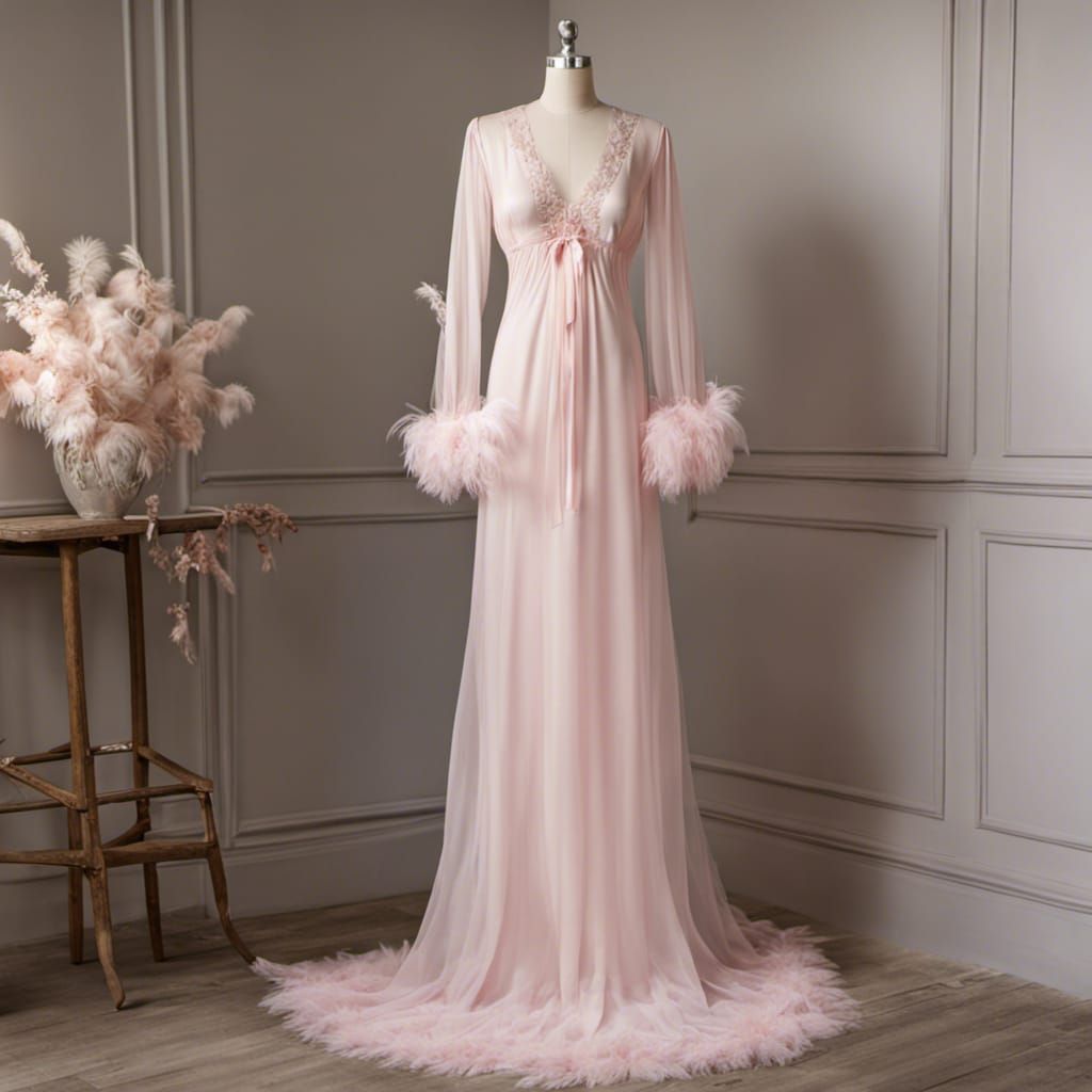 Pale Pink Nightgown with Feathers on Dress Form