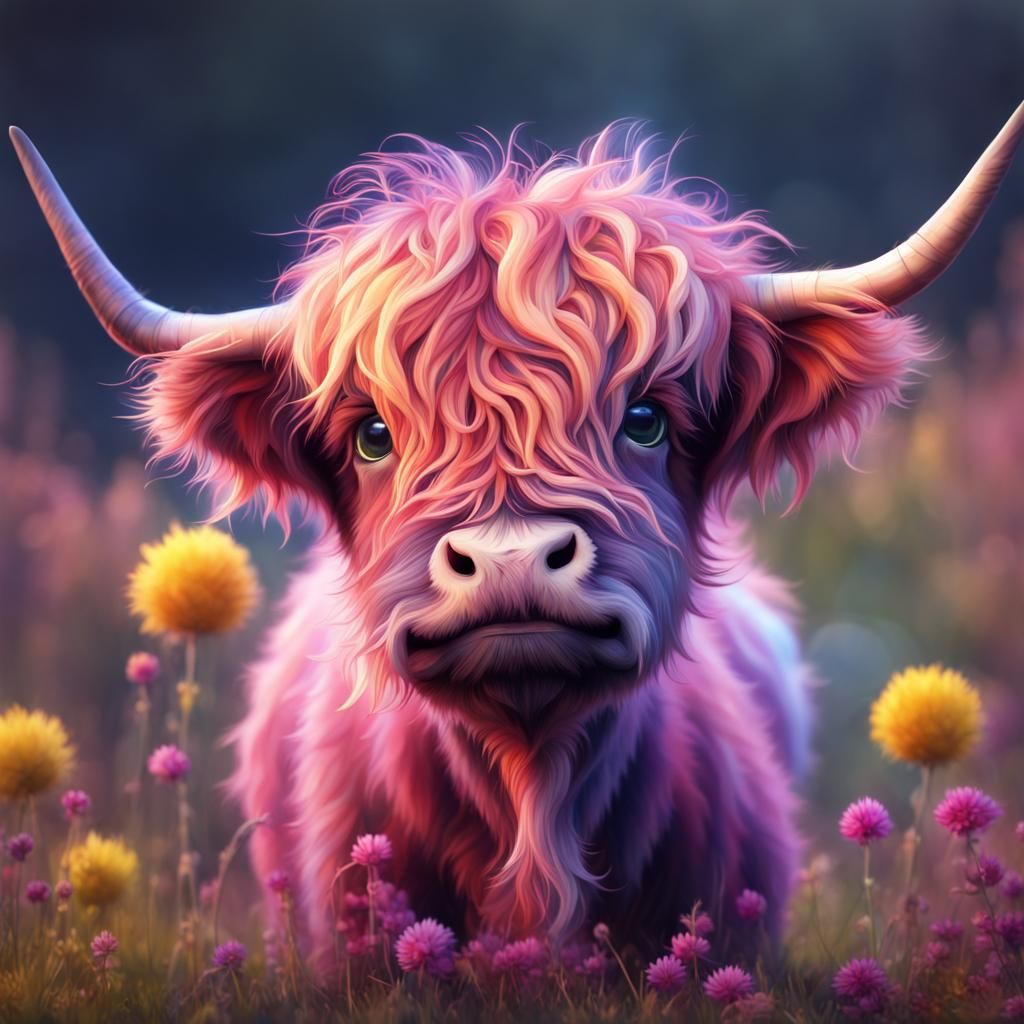 Cute Highland Cow in Watercolor Style