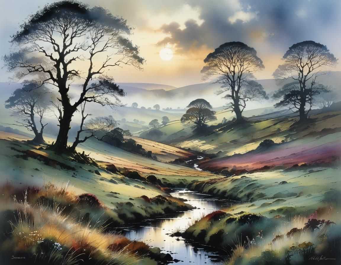 Moorland Mist at Dusk: Intricate Landscape Painting