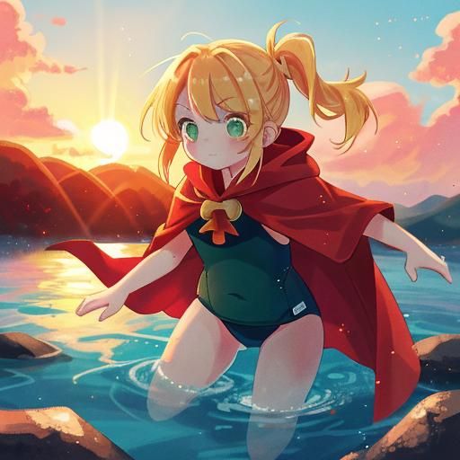 Girl with Red Cape Swimming at Sunrise
