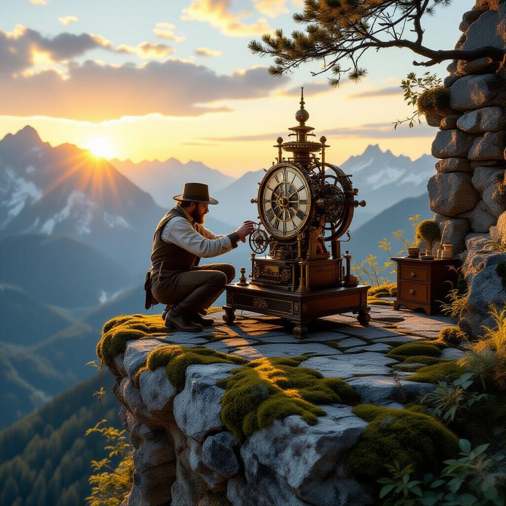 Inventor with Clockwork Device at Dawn Mountain Landscape