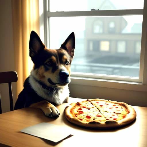 Dog Longingly Craves Pizza in Moody Cinematic Style