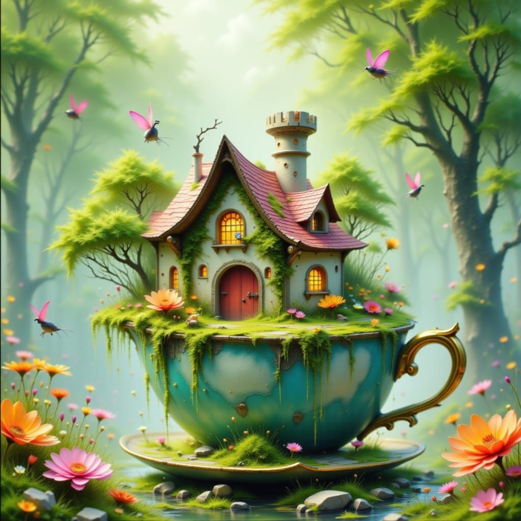 Enchanted Cottage in Teacup with Sprites