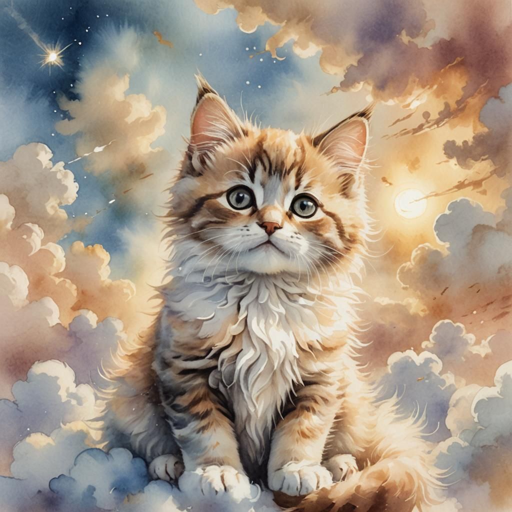 Watercolor Kitten in Cloud Dreamscape
