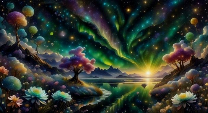 Surreal Nighttime Aurora Borealis Landscape in Prismatic Bio...