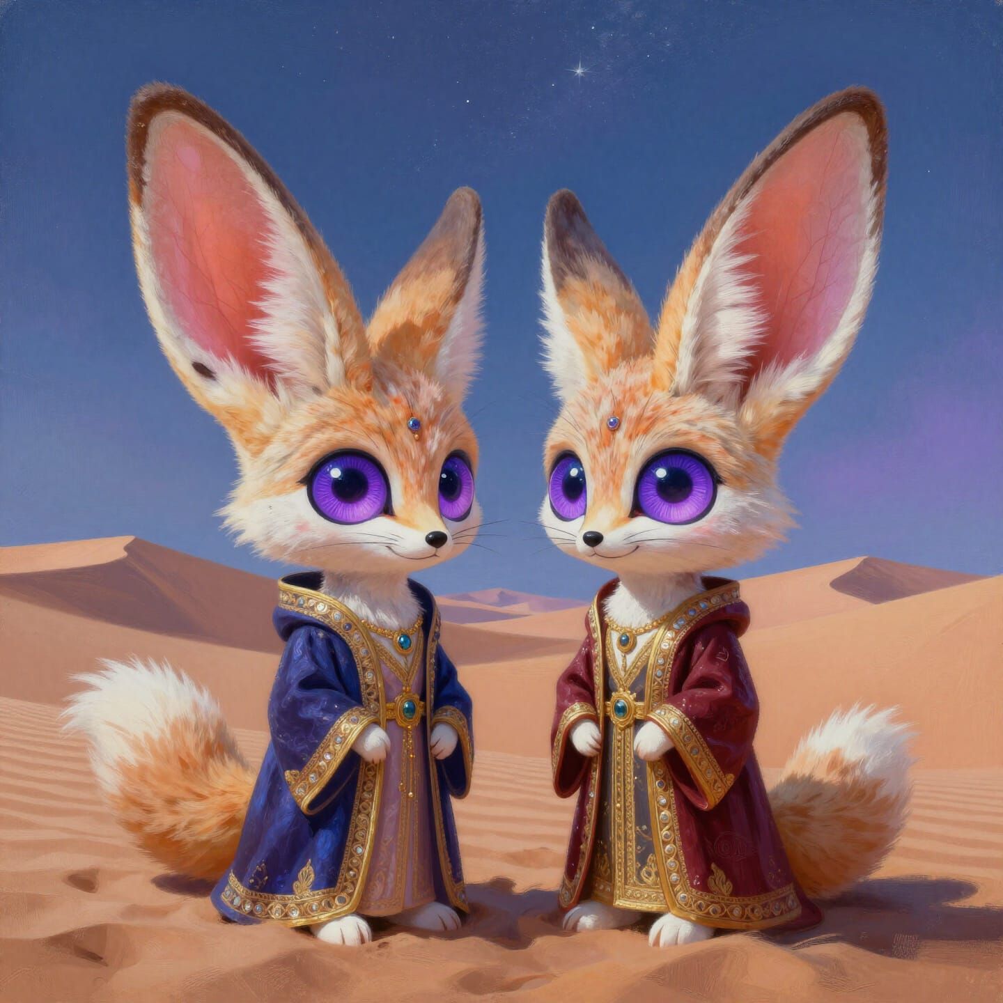 Majestic Fennec Foxes in Moroccan Robes Under Starlit Sky