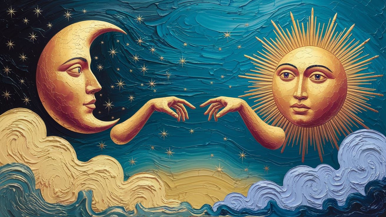 Surreal Sun and Moon Faces Reach Out Across Starry Sky