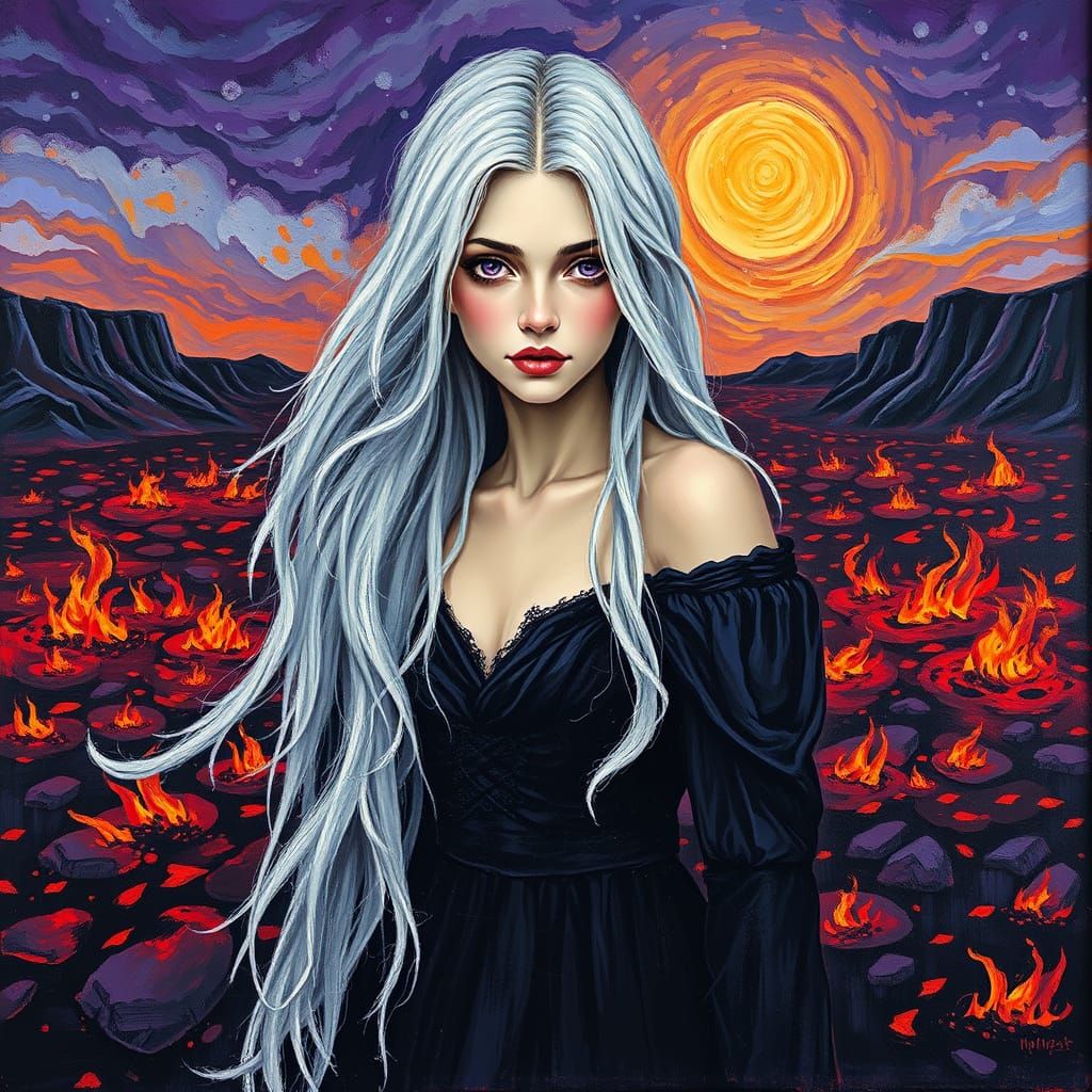 Tragic Princess in Fiery Landscape, Neo-Impressionist Style