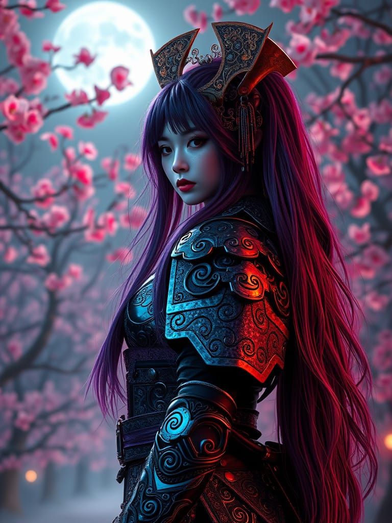 Cyberpunk Geisha Warrior in Iridescent Samurai Armor