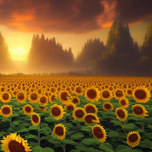 Heavenly Sunflower Field at Sunrise: Fantasy Concept Art