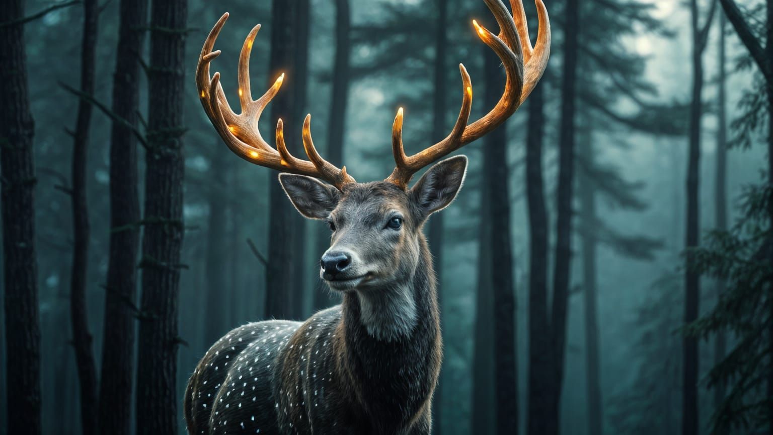 Fantasy Deer with Bioluminescent Antlers in Pine Forest
