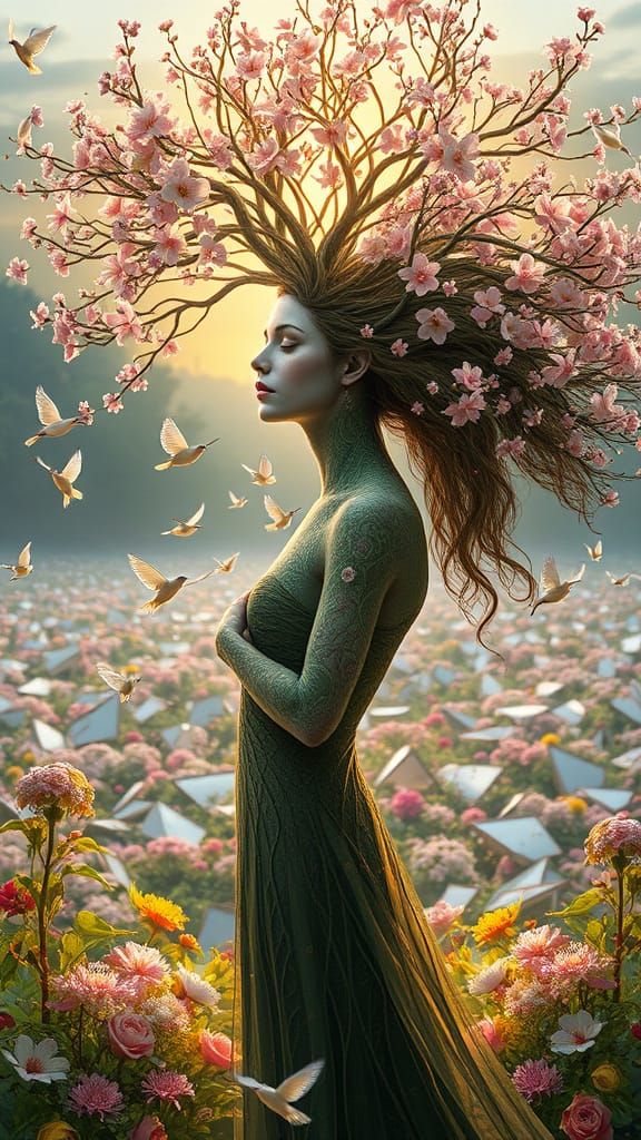 Ethereal Tree Goddess in Vibrant Springtime Garden