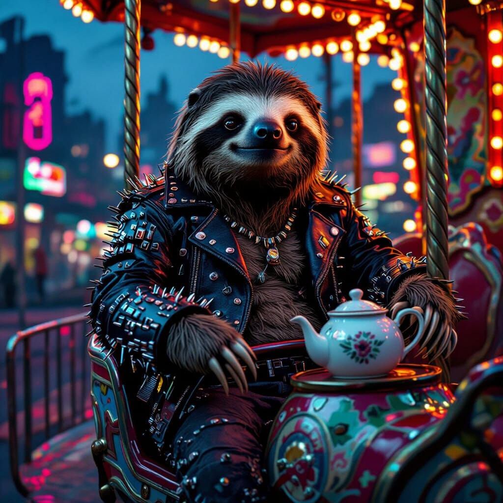 Punk Sloth on Futuristic Carousel, Neon Cityscape
