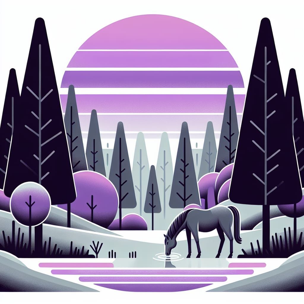 Grey Trees and Purple Sun with Horse at Lake