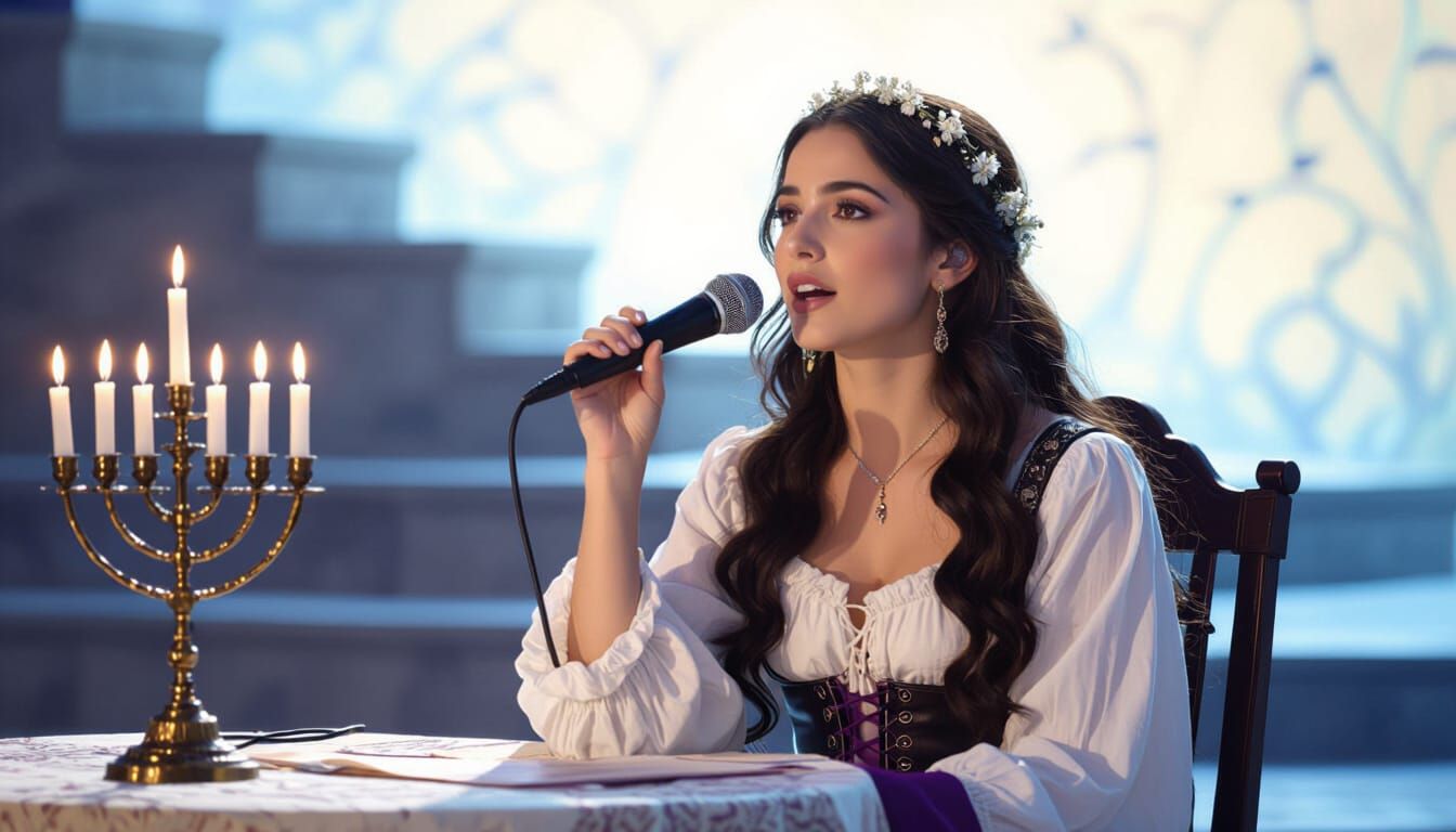 Woman Singing with Menorah in Art Nouveau Style