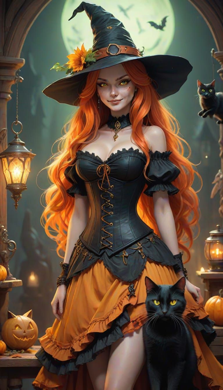 Witch with Black Cat Familiar in Vibrant Fantasy Art Style