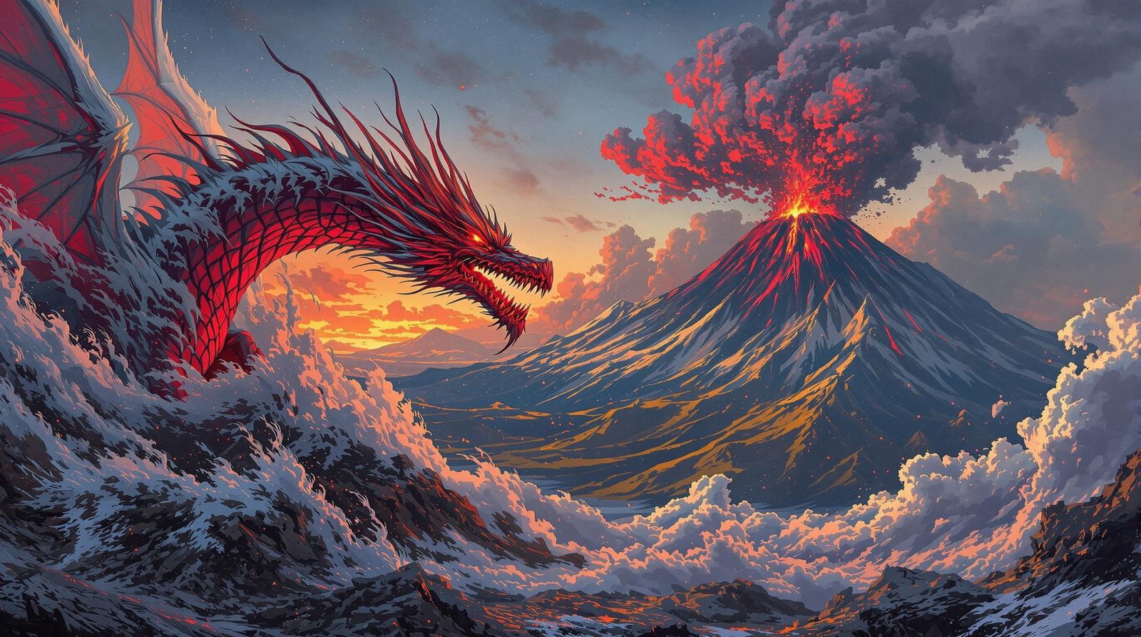 Dragon Confronts Erupting Volcano in Dark Fantasy Portrait