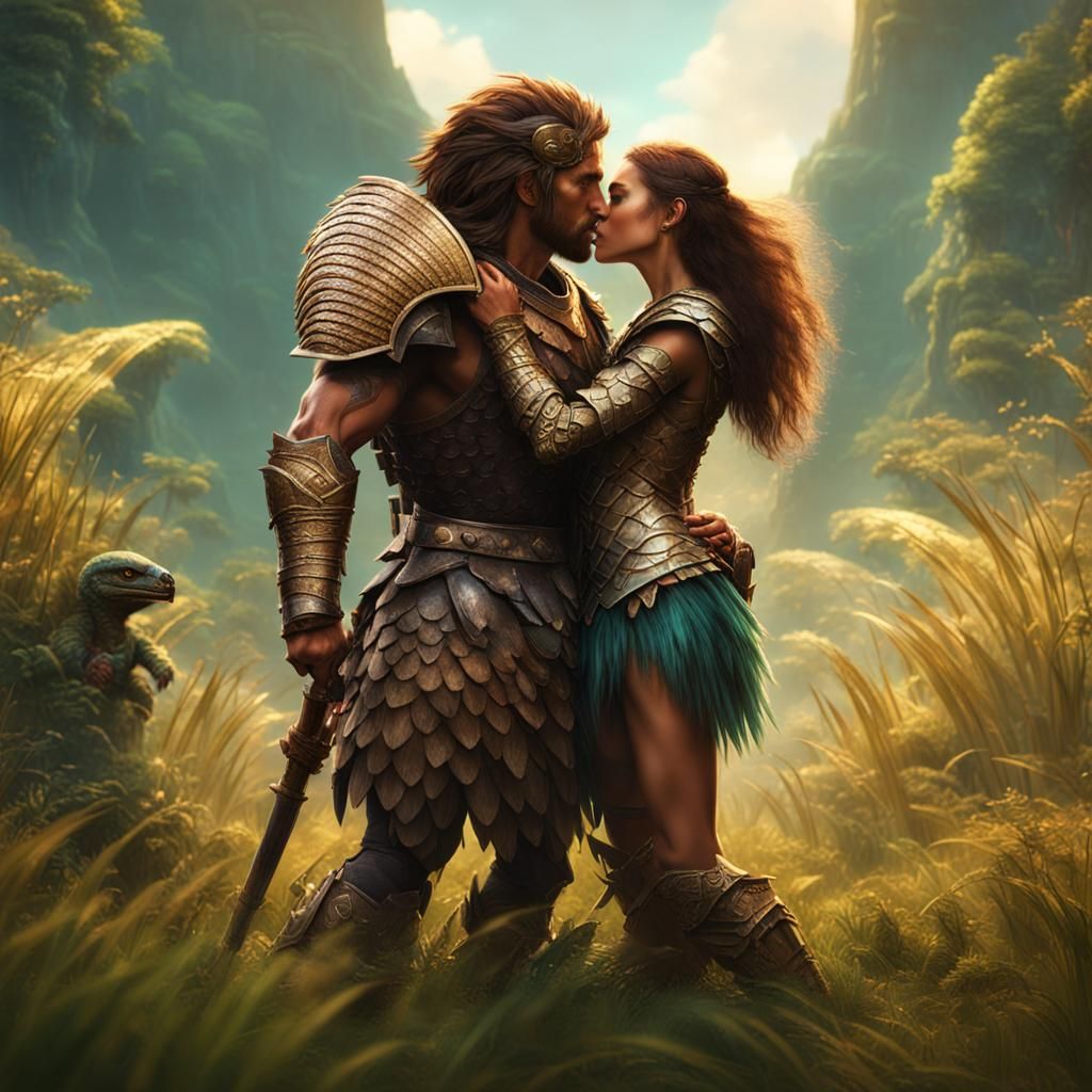 Warrior Woman Kissing Armored Man: Fantasy Concept Art
