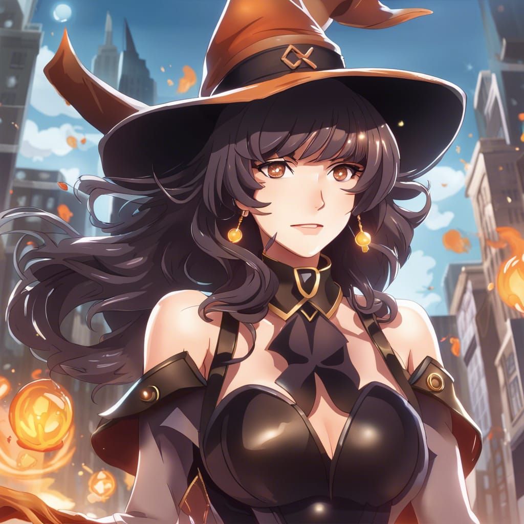 Elemental Witch in Anime Style Cityscape