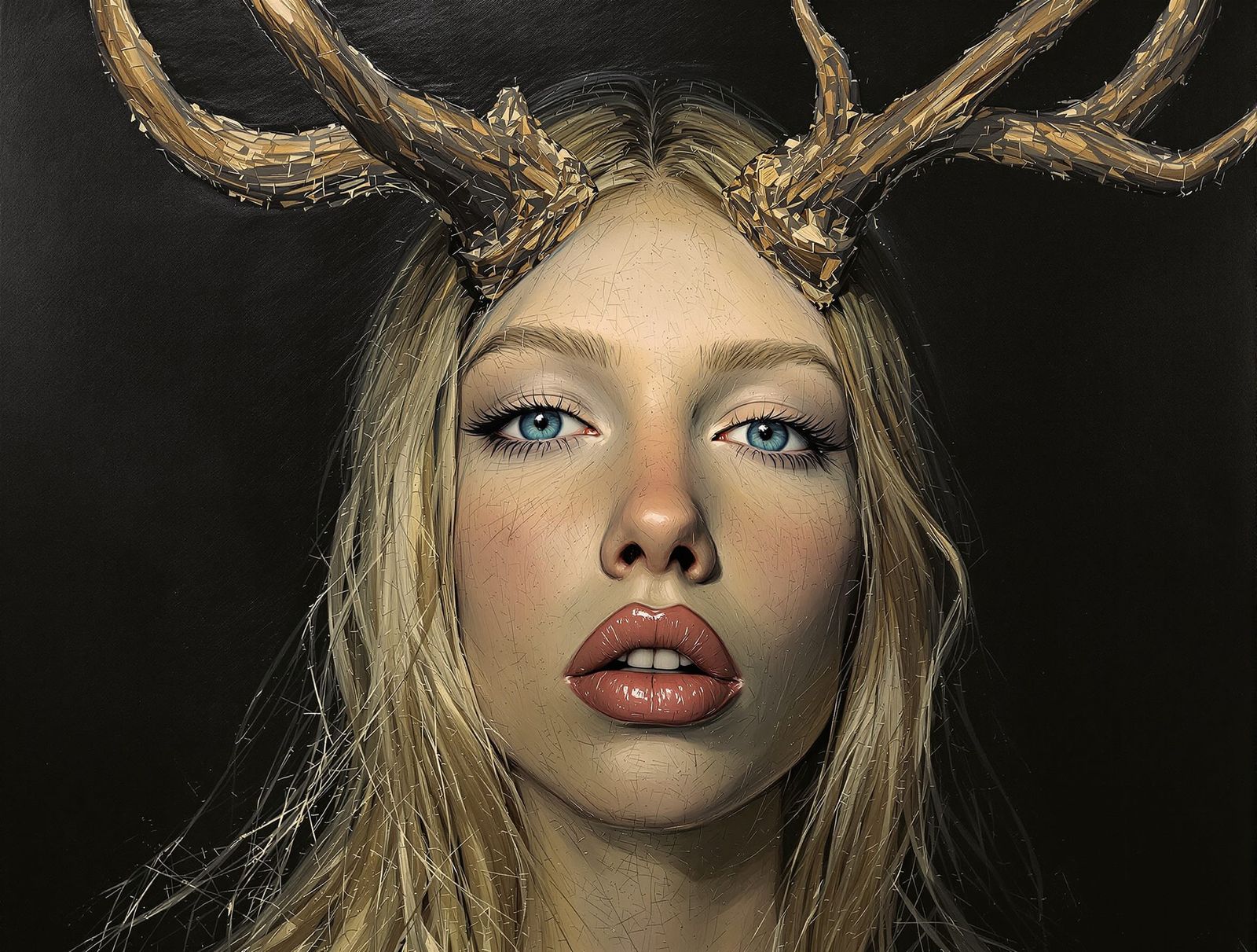 Blonde Woman with Stag Antlers, Expressionist Oil Painting