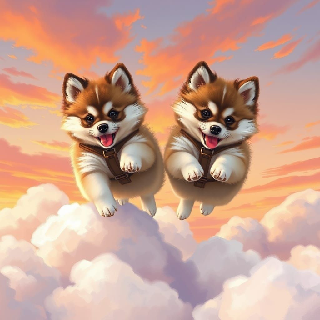 Puppies Playing on Clouds in Sunset Colors