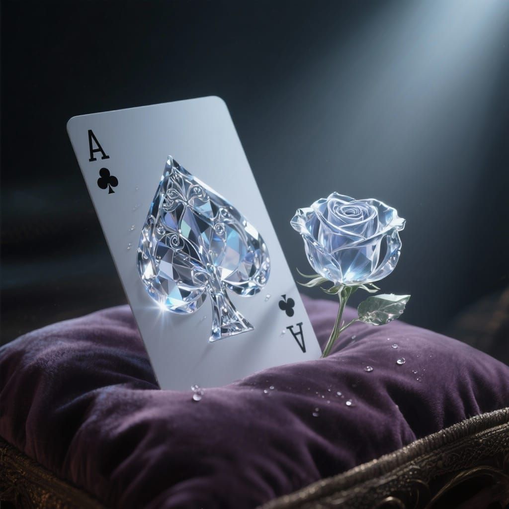 Crystal Spade Card and Glass Rose in Dramatic Light