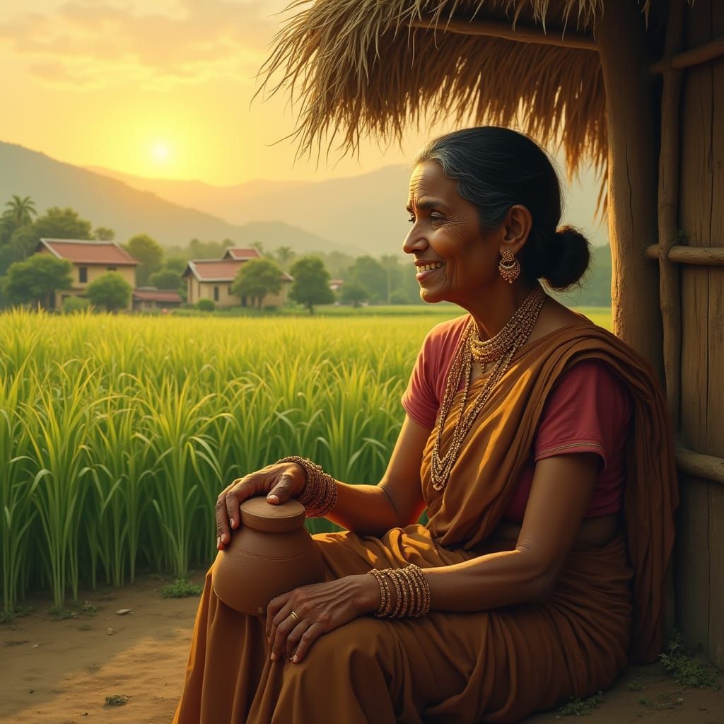 Elderly Tamil Woman in Traditional Saree Amidst Lush Green F...
