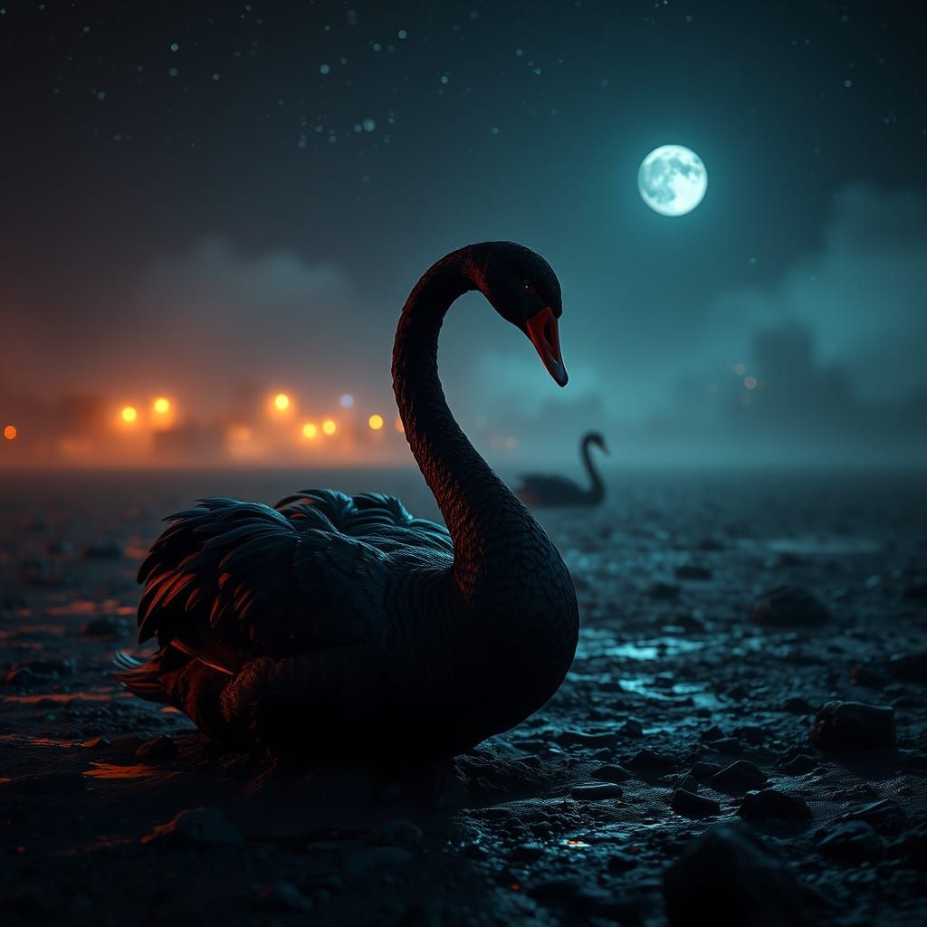 Mysterious Black Swan Rises from Dark, Textured Landscape