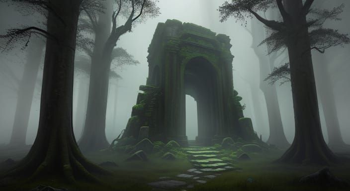 Ancient Stone Monolith in Misty Forest