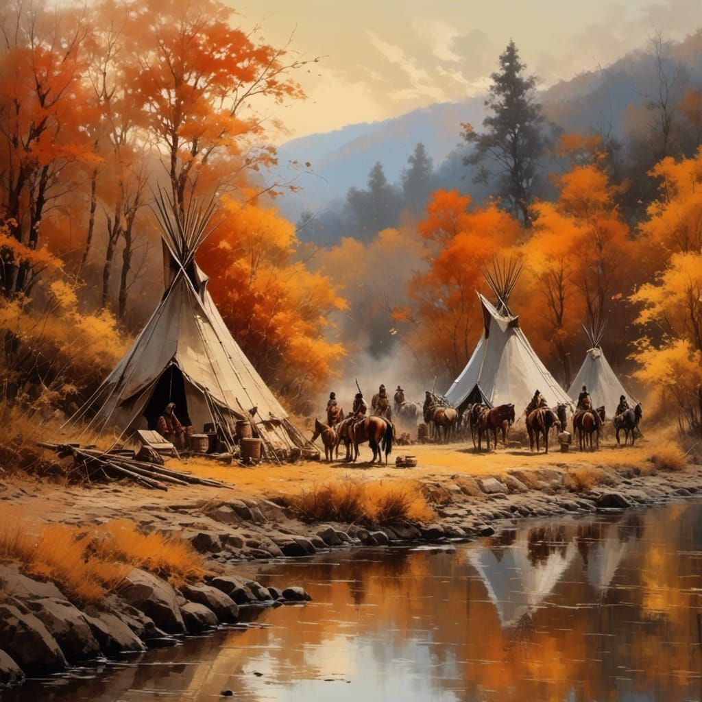 Autumn Riverbank Encampment: Native American Scene
