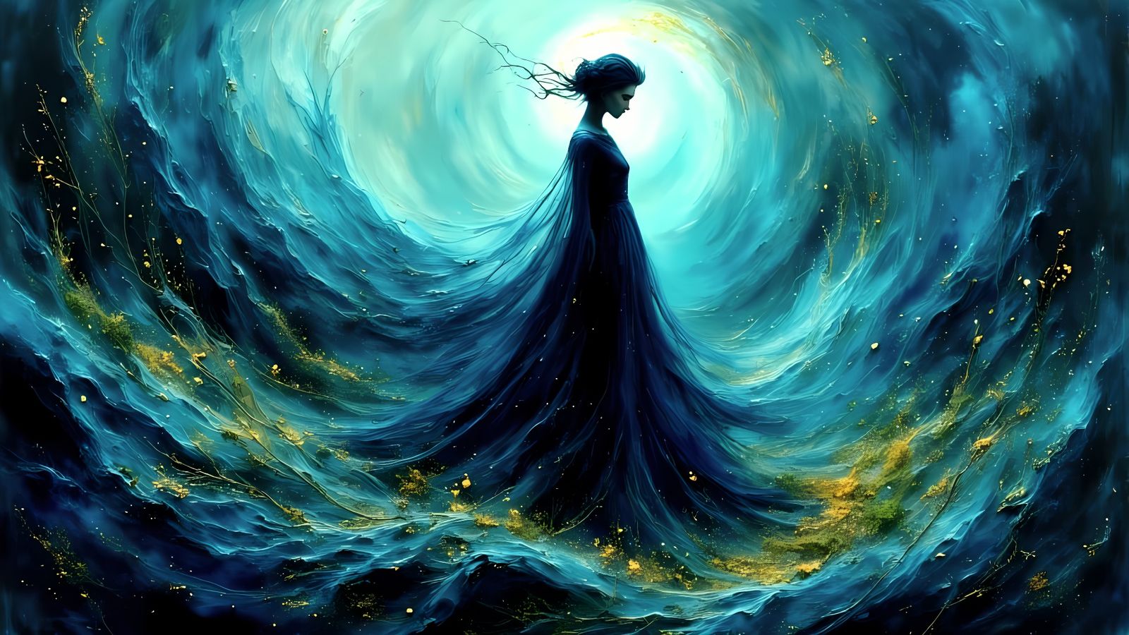 Fantastical Indigo Nirvana in Dark Oil Paint Style