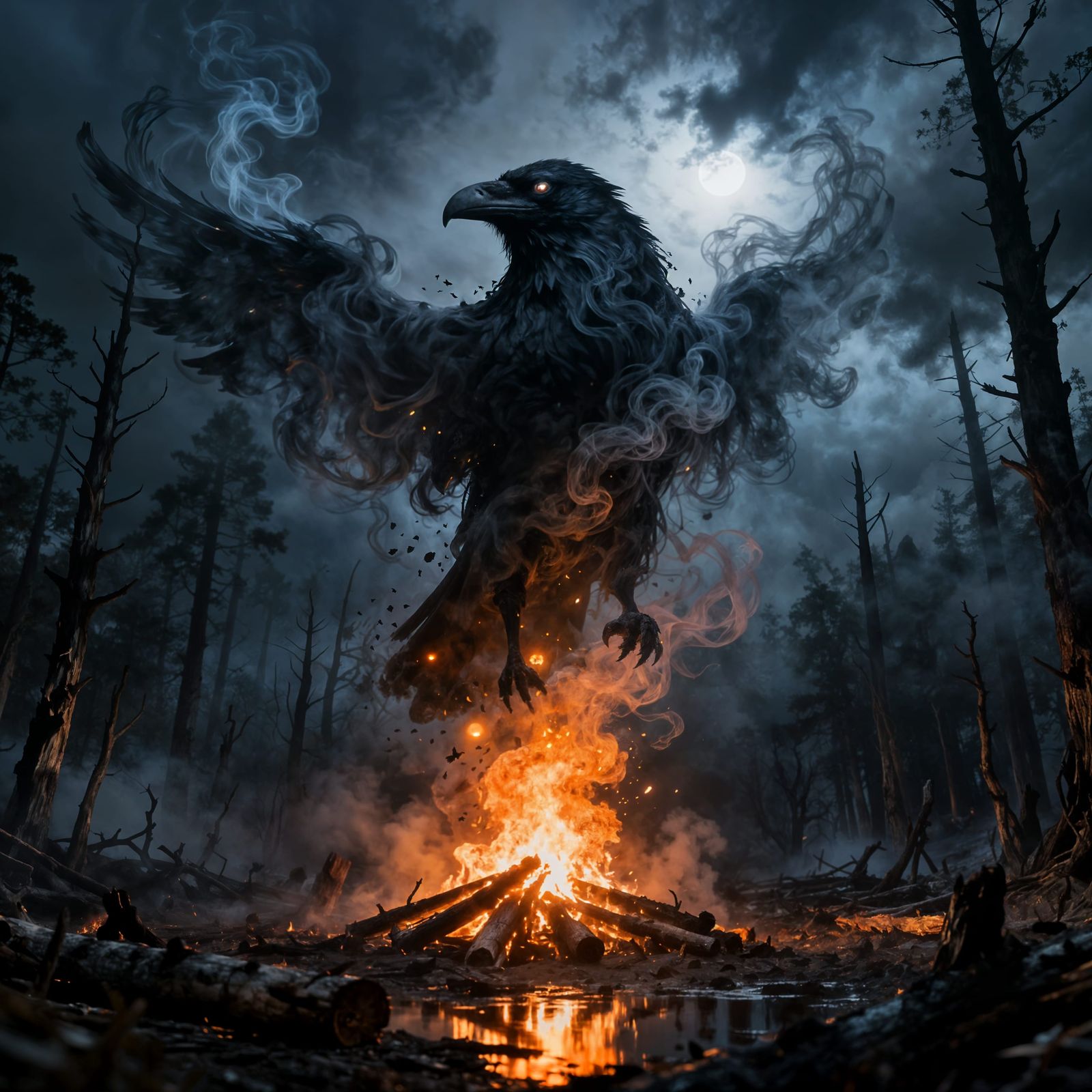 Colossal Smoke Raven Rises from Campfire in Dark Fantasy For...
