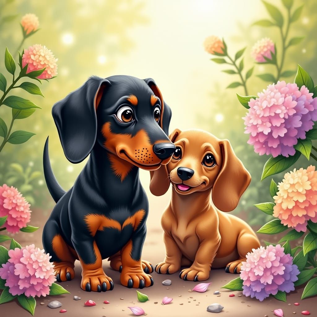 Dachshunds Play in Hydrangea Garden: Watercolor Style
