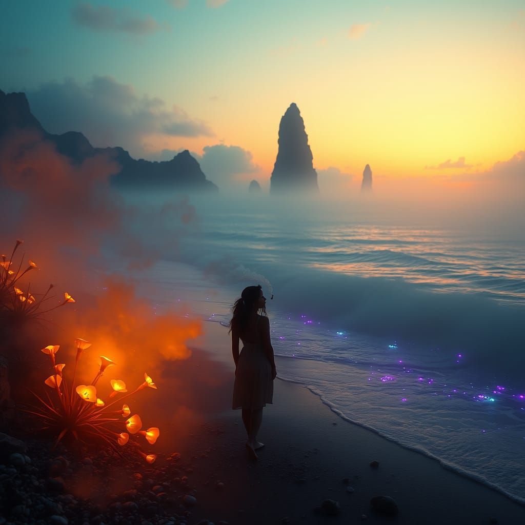 Mystical Woman Amidst Dreamlike Beachscape