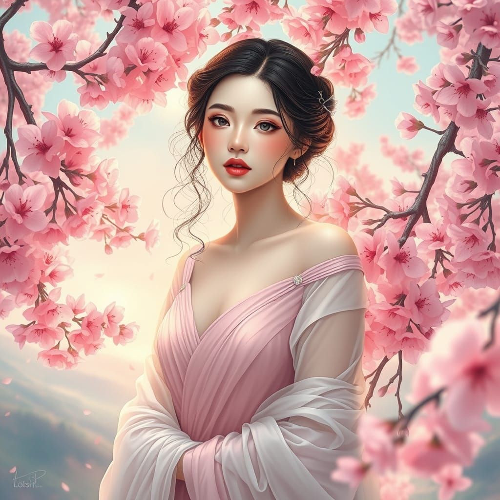 Ethereal Woman in Cherry Blossom Landscape