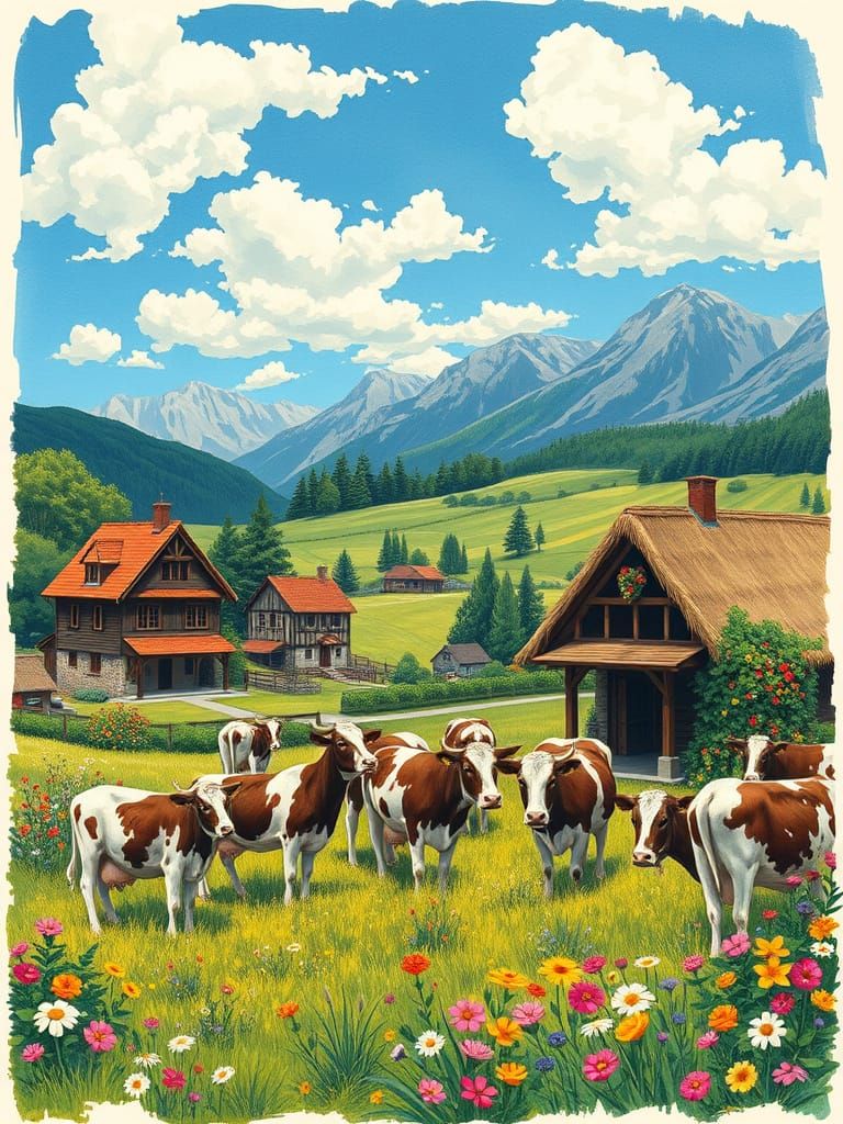 Rustic Dairy Farm in Vibrant Serene Landscape