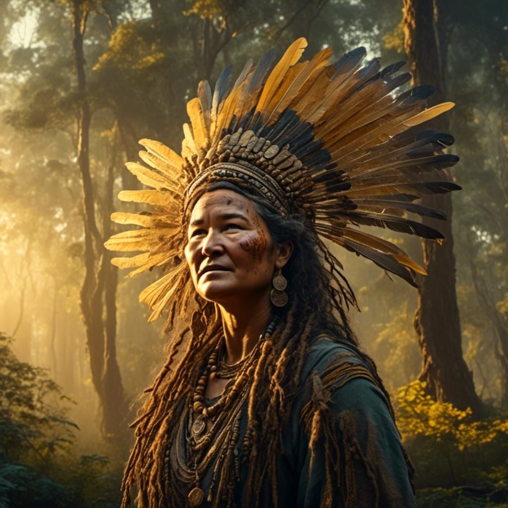 <lora:Goshi:1.0> <lora:IndigenousWoman:1.0> It is not strength that overcomes darkness but light . shine golden fantasti...