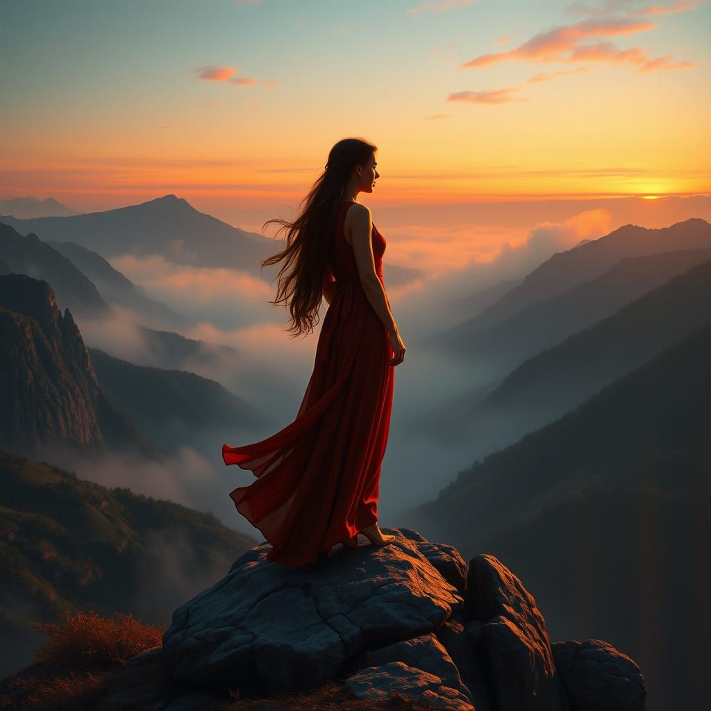 Woman Standing on Rocky Promontory at Twilight