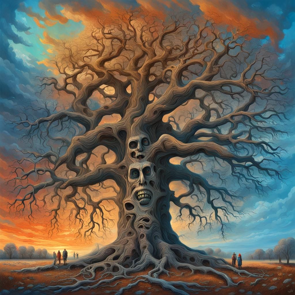Detailed Tree with Hidden Faces in Colorful Landscape