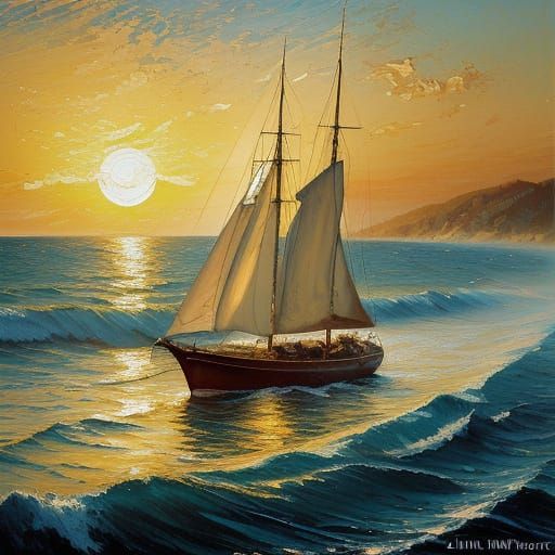 Impressionistic Evening Sea with Sailing Boat