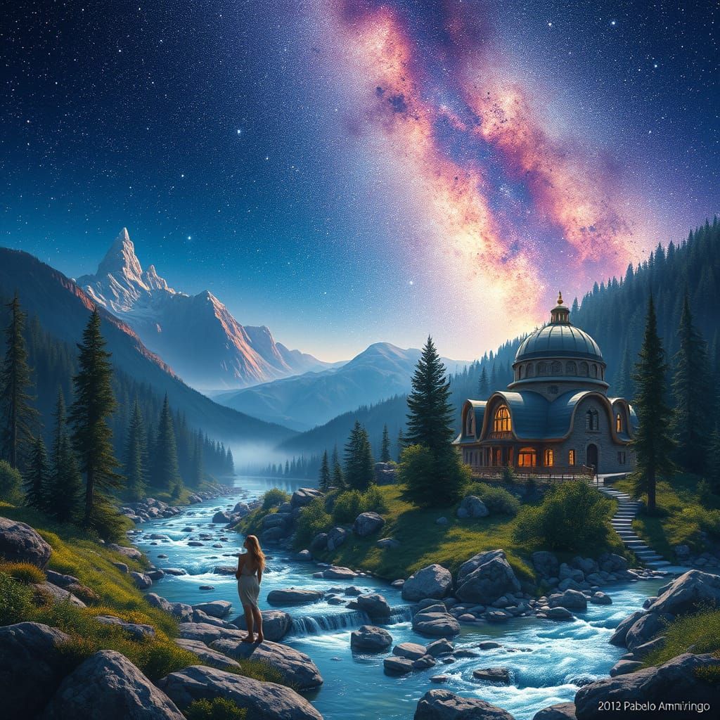 Woman by Stream Under Starry Sky, Astral Illustration