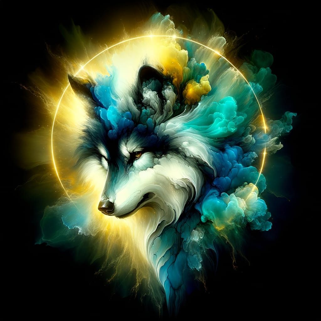 Ethereal Blue-Black Wolf Head in Alcohol Ink Style